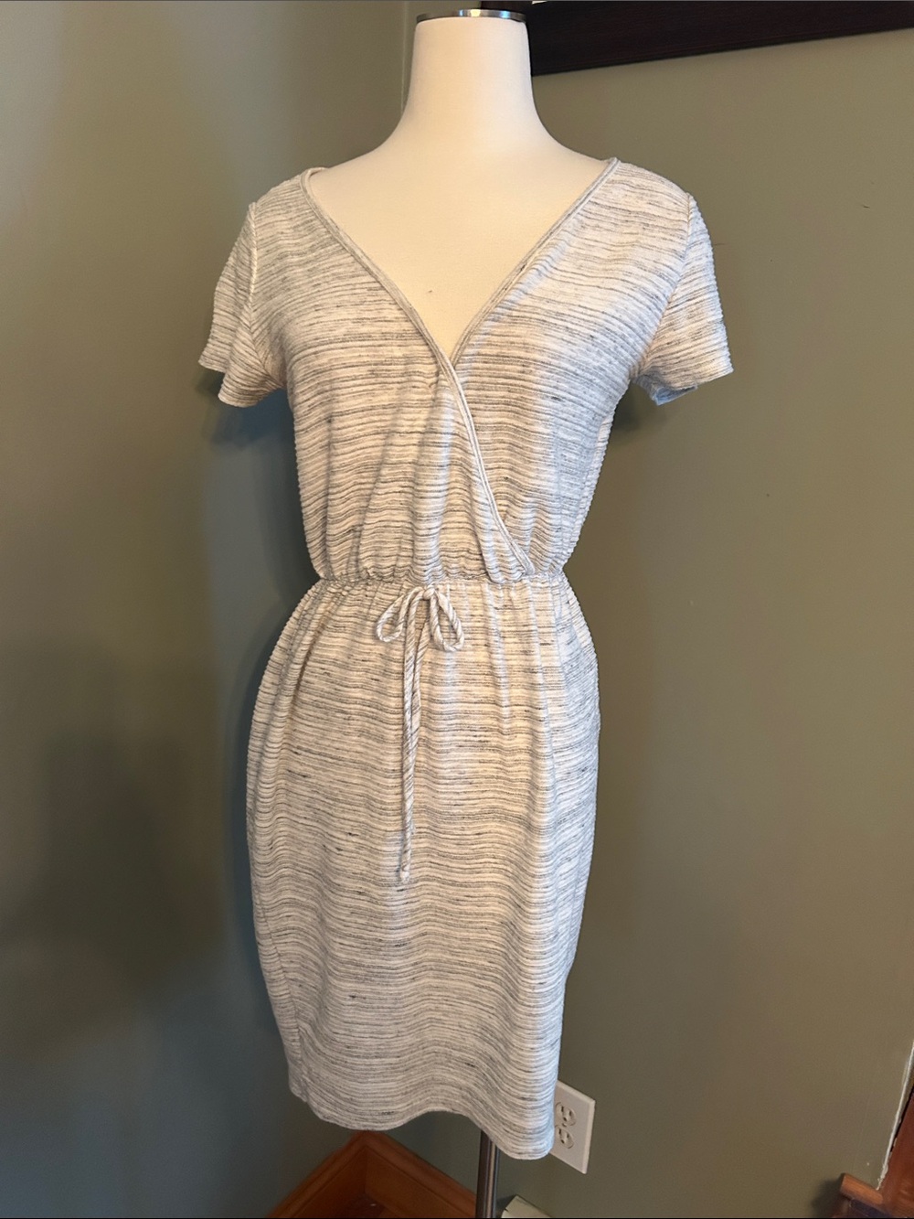 See You Monday Heathered Light Gray Drawstring Faux-Wrap Midi Dress